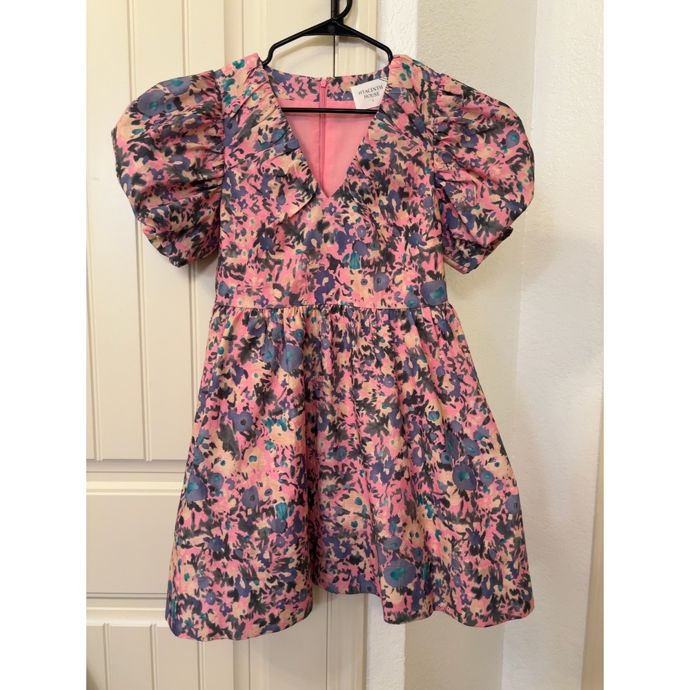 Hyacinth House Pink Floral Puff Sleeve V-Neck Mini Dress AY011D Womens Small NEW